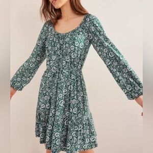 Boden Scoop Tiered Jersey Mini Dress Bottle Green Bloom Cascade US 2R 2
